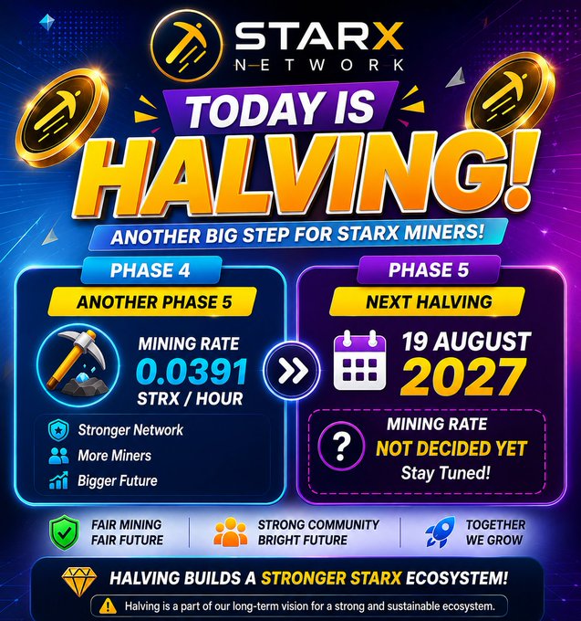 Promotional graphic from StarX Network announcing today's Phase 4 halving with a mining rate of 0.0391 STRX/hour, alongside a teaser for the next Phase 5 halving scheduled for August 19, 2027 with a mining rate yet to be decided. The vibrant blue and purple design reinforces the post's call for community predictions on the future Phase 5 mining rate.