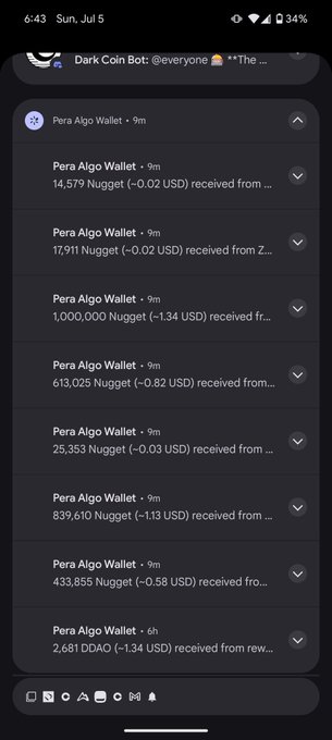A smartphone screenshot of a Discord channel showing multiple notifications from 'Pera Algo Wallet' with very small incoming 'Nugget' token transfers (e.g., '14,579 Nugget (~0.02 USD)').