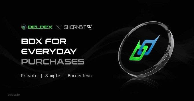 A promotional banner for 'BELDEX x SHOPINBIT' advertises 'BDX FOR EVERYDAY PURCHASES' with the words 'Private | Simple | Borderless' below.