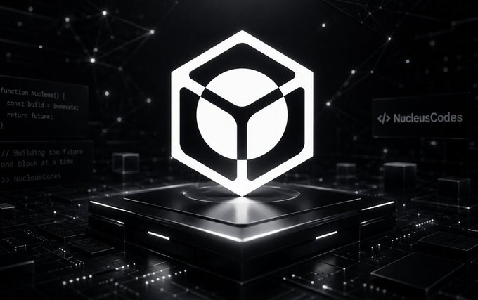A glowing white hexagonal logo featuring a geometric 'T' or cube design hovers above a futuristic platform in a dark, digital-themed background, with 'NucleusCodes' branding and code snippets including 'Building the future one block at a time'.