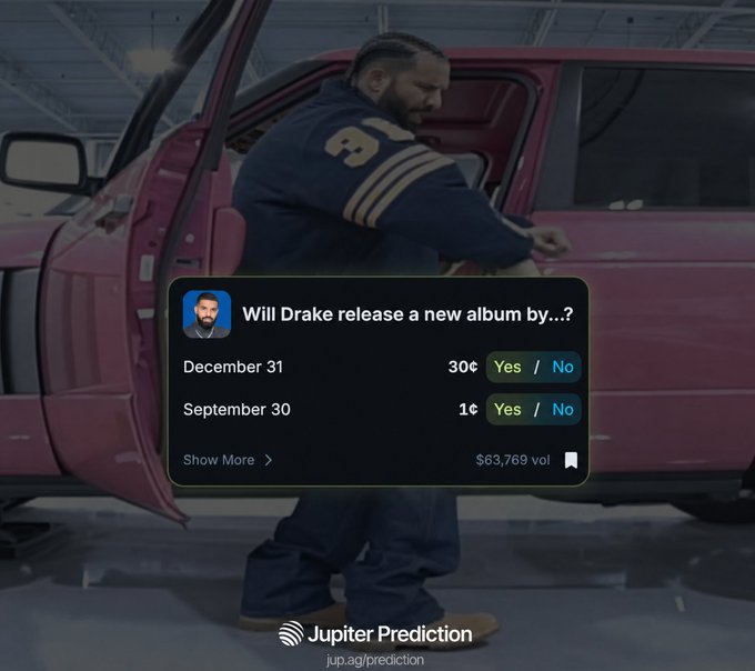 A promotional image for Jupiter Prediction showing rapper Drake walking by a pink car, with a prediction market asking 'Will Drake release a new album by...?' with options for December 31 (30¢) and September 30 (1¢).