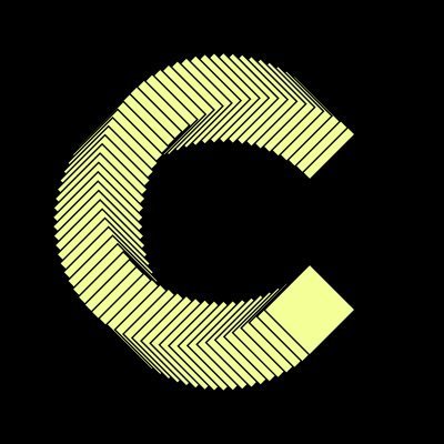 A stylized letter 'C' logo rendered in pale yellow-green with diagonal striped patterns on a black background.