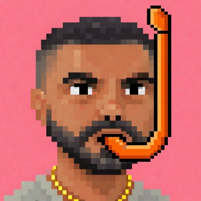 A pixel art NFT portrait of a bearded man smoking a pipe against a pink background, with the post's caption suggesting the artwork's perceived rarity as a collectible digital asset.