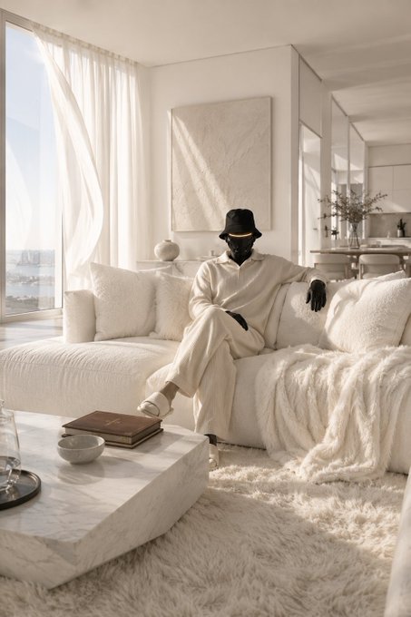A figure dressed in white sits on a white couch in a minimalist, bright living room, wearing a black hat and face covering, with a marble coffee table in the foreground.