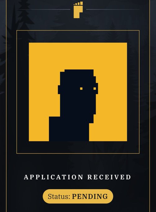 The image displays an "APPLICATION RECEIVED" status with a pixelated black silhouette avatar on a yellow background, showing a "PENDING" status badge below. It visually represents someone's pending application for the BITFOOTS project mentioned in the post.
