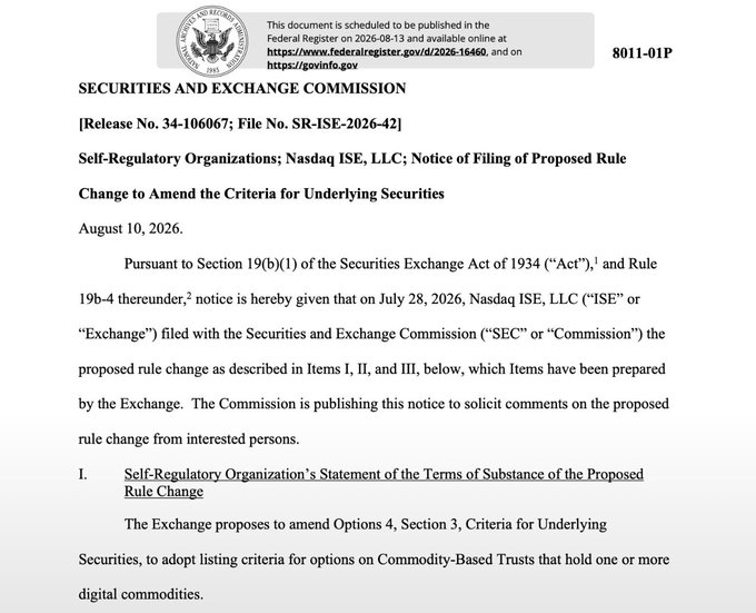 The image shows an SEC notice (Release No. 34-106067; File No. SR-ISE-2026-42) dated August 10, 2026, announcing that Nasdaq ISE filed a proposed rule change to amend criteria for underlying securities, specifically to adopt listing standards for options on Commodity-Based Trusts holding digital commodities—directly supporting the post about Nasdaq seeking SEC approval to expand options trading rules for crypto ETFs.