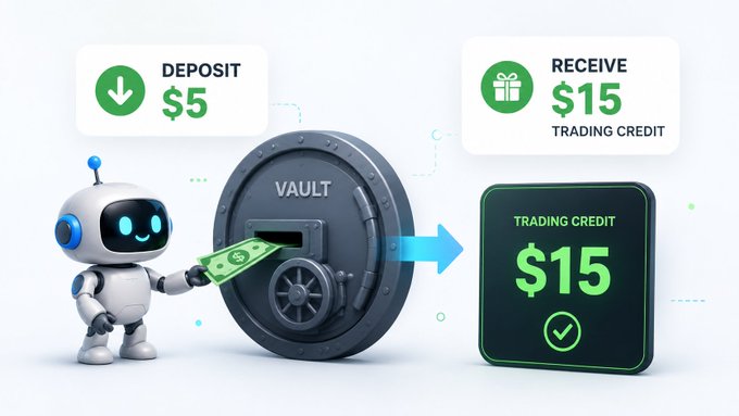 An infographic showing a small white robot depositing a $5 bill into a gray 'VAULT' safe to receive a $15 'TRADING CREDIT'.