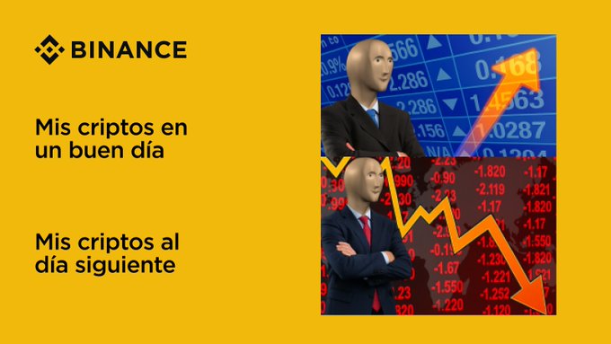 The image is a Binance-branded meme with a yellow background, showing the text "Mis criptos en un buen día" (My cryptos on a good day) and "Mis criptos al día siguiente" (My cryptos the next day). The right side contrasts two identical bald figures ("Soyjak" meme): the top one appears shocked, paired with an upward stock chart showing numbers like 0.466, 2.286, and 1.0287, while the bottom figure looks nervous against a downward chart displaying red numbers such as -1.820, -1.550, and -1.221, illustrating the volatile swing between gains and losses—relatable to the post's sentiment of indifferent detachment toward the rollercoaster of crypto investing.