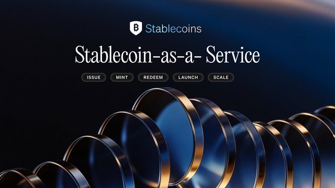 The image is a promotional banner for "Stablecoin-as-a-Service" by a company called Stablecoins, featuring a sleek 3D design of metallic rings against a dark blue background, with service capabilities listed as ISSUE, MINT, REDEEM, LAUNCH, and SCALE. It complements the post's discussion of emerging stablecoin regulation by highlighting a platform that helps institutions navigate the issuance process, likely emphasizing compliant service offerings in light of new Federal Reserve and GENIUS Act requirements.