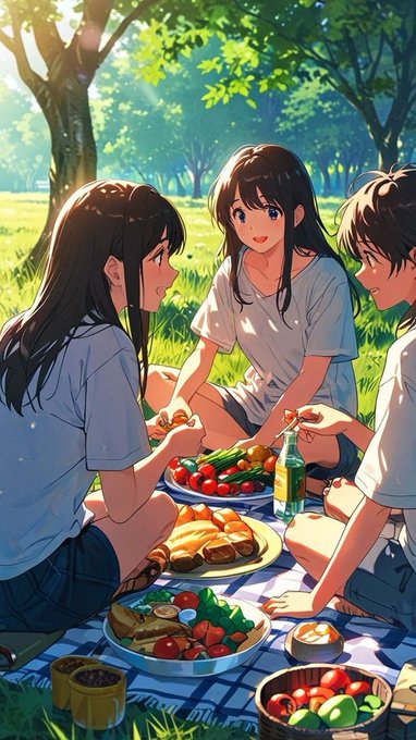 An anime-style illustration of three friends enjoying a picnic with various dishes on a checkered blanket under the trees.