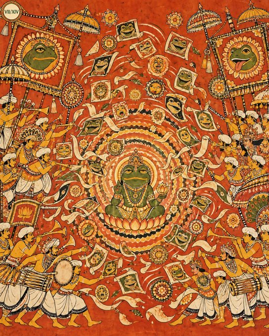 A vibrant orange traditional-style painting featuring a central green frog-like deity surrounded by concentric patterns, smaller frog figures, and figures playing drums and holding umbrellas.
