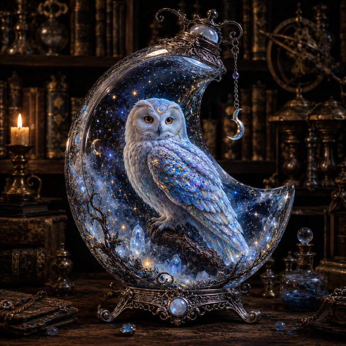 A crescent-shaped celestial dome cradles a luminous white owl perched on a crystal branch, surrounded by swirling galaxies and stardust, resting on an ornate silver stand adorned with a moonstone. The mystical scene matches the post's caption "The Luna," embodying the artwork's theme of starlit wonder and dreamlike magic, with no visible text or numbers beyond the descriptive labeling provided.