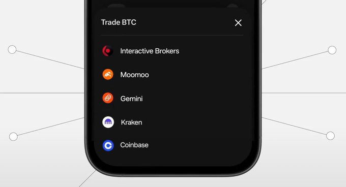 A smartphone screen displaying a 'Trade BTC' menu listing broker options: Interactive Brokers, Moomoo, Gemini, Kraken, and Coinbase.