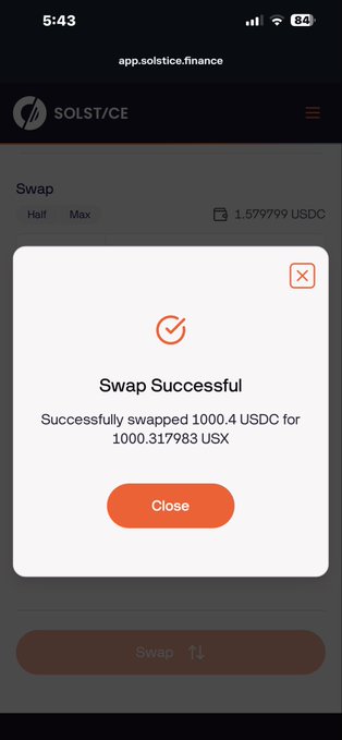 A screenshot from the Solstice Finance app confirms a successful swap of 1000.4 USDC for 1000.317983 USX, illustrating a completed transaction within the platform referenced in the post about Season 1's success.