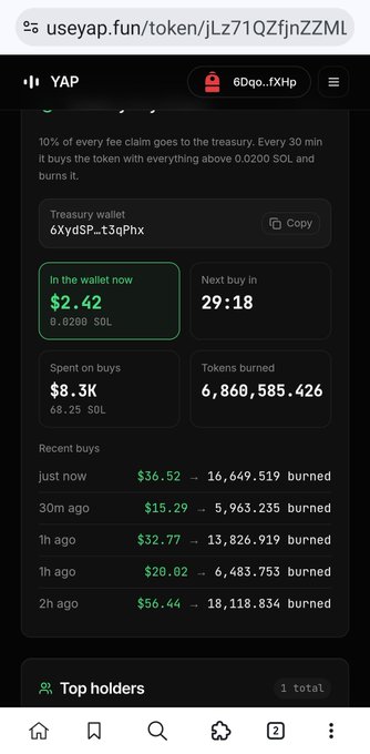 A mobile screenshot of the YAP token page on useyap.fun showing treasury wallet details, $2.42 in wallet, $8.3K spent on buys, and 6,860,585.426 tokens burned.