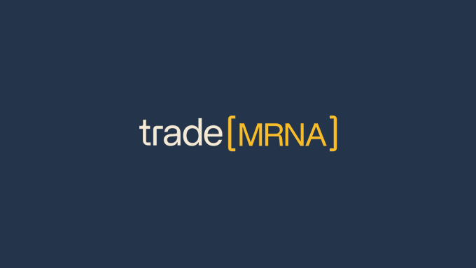 The image displays the "trade[MRNA]" logo on a dark navy background, with "trade" in white and "MRNA" highlighted in yellow brackets. This visually represents the newly launched perpetual futures market for Moderna (MRNA) on Phantom, allowing users to trade with leverage as announced in the post.