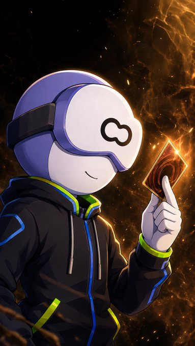 An illustration of a stylized white and blue masked character wearing a black hoodie, holding up a glowing orange card against a dark, smoky background.