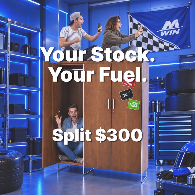 Three excited people are shown in a racing-themed garage setting with a checkered flag, a person sitting in a wooden wardrobe, and another taking a selfie, with the text "Your Stock. Your Fuel. Split $300" overlaid and an M Win logo displayed. The image visually ties into the MEXC Win campaign, using the wardrobe "split" as a creative visual pun for the "split $300" prize pool mentioned in the giveaway details.