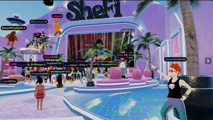 A virtual 3D world scene labeled 'Shelfi' shows various avatars with usernames like 'BillyTasconi,' 'BaronOfTheNorth,' and 'remember0x8b2b9' gathered in a colorful environment with palm trees.