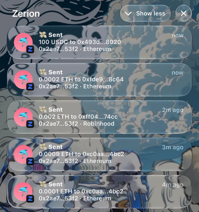 A Zerion transaction history shows multiple "Sent" transactions from wallet 0x2ae7...53f2, including 100 USDC and small ETH amounts ranging from 0.0001 to 0.002 ETH to various recipients on Ethereum and Robinhood, with the most recent transactions occurring within the last 4 minutes—supporting the claim that the wallet is actively refunding funds it previously received.