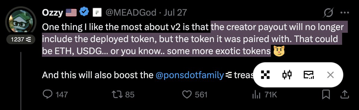 Screenshot of a tweet from user Ozzy (@MEADGod) dated July 27 explaining that in v2, the creator payout will no longer include the deployed token but the token it was paired with, such as ETH, USDG, or other exotic tokens.