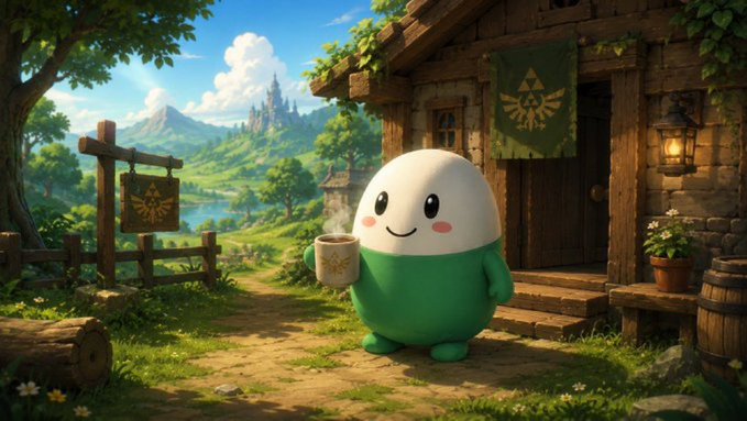 A whimsical digital illustration of a cute, round, green and white egg-shaped character holding a coffee mug with a Triforce symbol, standing in front of a Zelda-themed cottage with a green Hyrule banner, with a castle visible in the misty mountains behind.