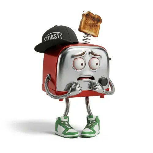 The image features a cartoon-like robot with a hat, green shoes, and a sad expression. The robot appears to be made of metal or plastic and has a face that looks like a human being. It is standing upright against a white background. In the bottom right corner of the image, there's text that reads "BRAINROT #302A has been sold for 0.06 ETH". This suggests that someone might have bought this robot as a novelty item or collectible and is now selling it online.