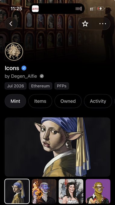 A mobile screenshot of an NFT collection called 'Icons' by Degen_Alfie on the Ethereum blockchain (Jul 2026 PFPs), showing a portrait of a girl with a blue headwrap resembling Vermeer's 'Girl with a Pearl Earring'.