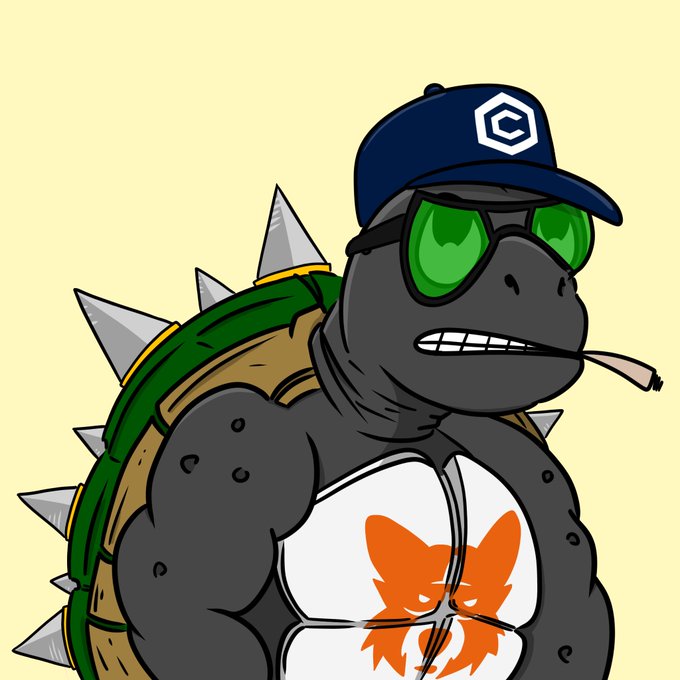 A muscular illustrated turtle wearing a blue cap with a "C" logo, green sunglasses, a spiked shell, and a chest emblem featuring an angry orange fox. The cartoon character represents a 6Turtle NFT minted on the Cronos blockchain, as indicated by the accompanying post and the "C" logo on the cap.