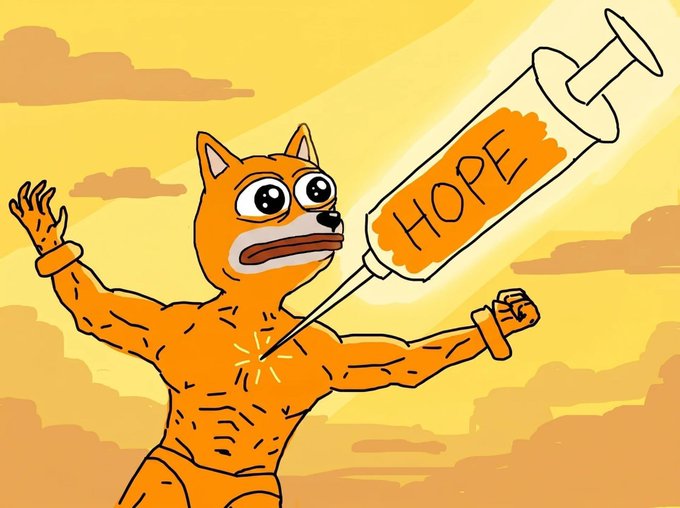 An orange dog meme character flexes heroically while receiving an injection from a large syringe labeled "HOPE" in a glowing sunset sky, symbolizing a "hope shot" of belief in the meme coin market—perfectly matching the message that injecting optimism and persistence into Bonkfun and similar communities will carry them through downturns.