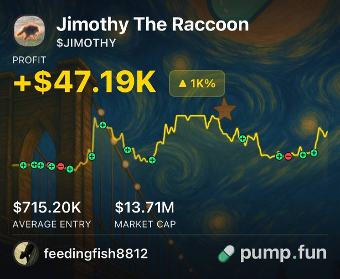 A Pump.fun trading card for "Jimothy The Raccoon" ($JIMOTHY) shows a profit of +$47.19K with a 1K% gain, an average entry market cap of $715.20K, and a current market cap of $13.71M, held by user feedingfish8812—confirming the post's claim of a 12x return on the token.