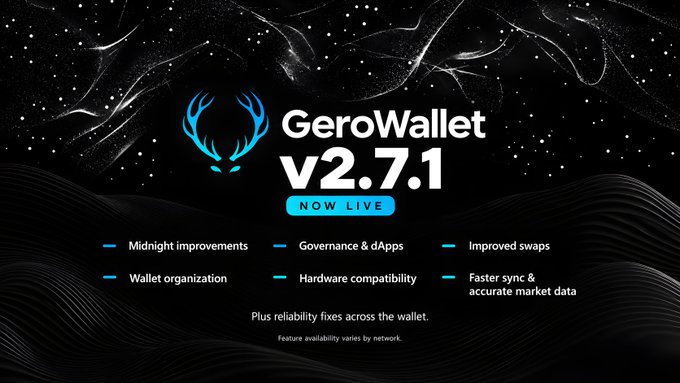 Announcement graphic for GeroWallet v2.7.1 "NOW LIVE," listing new features including Midnight improvements, Wallet organization, Governance & dApps, Hardware compatibility, Improved swaps, Faster sync & accurate market data, plus reliability fixes.