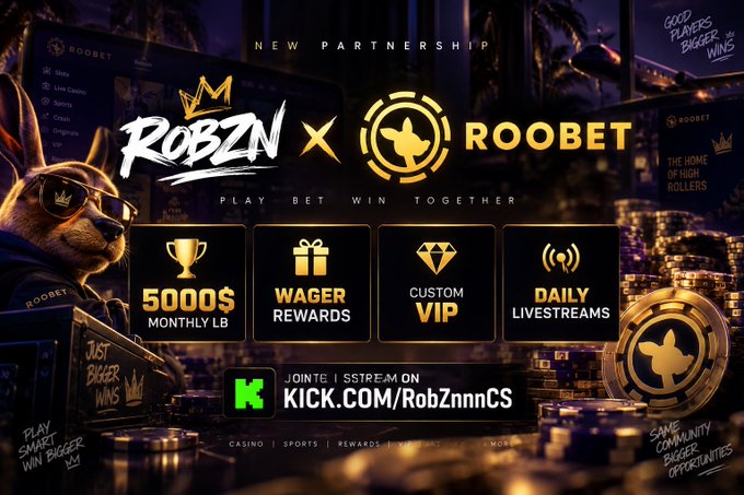 This promotional graphic announces a new partnership between Robzn and Roobet, displaying their logos side-by-side under the heading "NEW PARTNERSHIP" with the tagline "PLAY BET WIN TOGETHER." The image features a dog mascot wearing sunglasses and a "ROOBET" jersey on the left, surrounded by casino chips and references to features like "5000$ MONTHLY LB," "WAGER REWARDS," "CUSTOM VIP," and "DAILY LIVESTREAMS." A central call-to-action directs viewers to "JOINTE | SSTREAM ON KICK.COM/RobZnnCS," directly tying into the accompanying post where Robzn excitedly shares news of officially signing with Roobet and offers his code "ROBZN" for sign-ups.