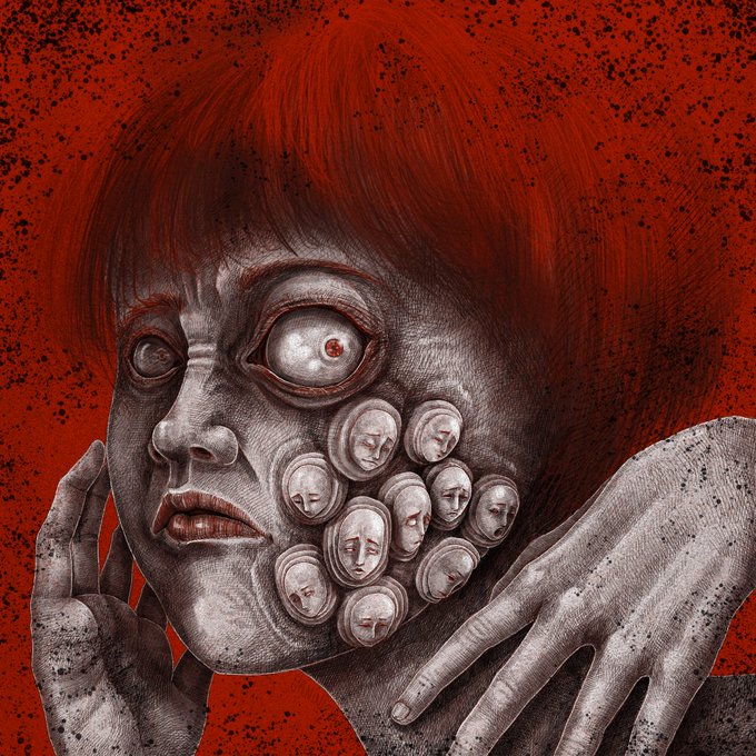 A surreal digital illustration of a gray-skinned figure with bright red hair and blank eyes, with a cluster of small face-like shapes emerging from the cheek area, set against a speckled red background.