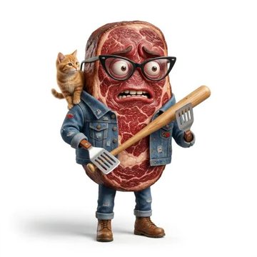A anthropomorphic rib steak character wearing glasses, a denim jacket, and boots holds a spatula and a small cat, matching the "Rib I Rot" Brain Rot character mash-up the post references.

The post mentions no visible text or numbers in the image itself, but the whimsical steak character visually embodies the "Rib I Rot" custom character the user is celebrating as part of their Web3 Brain Rot series.