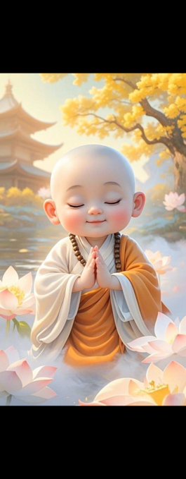 A digital illustration of a young Buddhist monk in orange and white robes with prayer beads, hands pressed together in prayer, surrounded by lotus flowers with a pagoda and golden tree in the background.