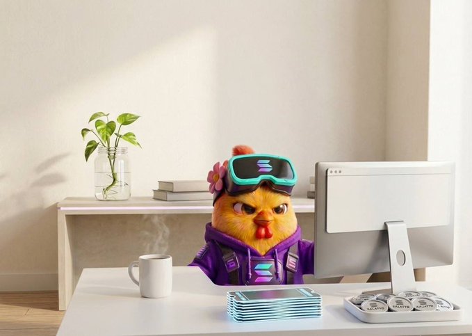 A chick wearing tech goggles sits at a desk with a monitor, coffee, and a tray labeled "SALATTO." The image cleverly illustrates the post's message about transparency, with the chick seemingly verifying the on-chain VRF math behind Salatto's lottery system on Solana.