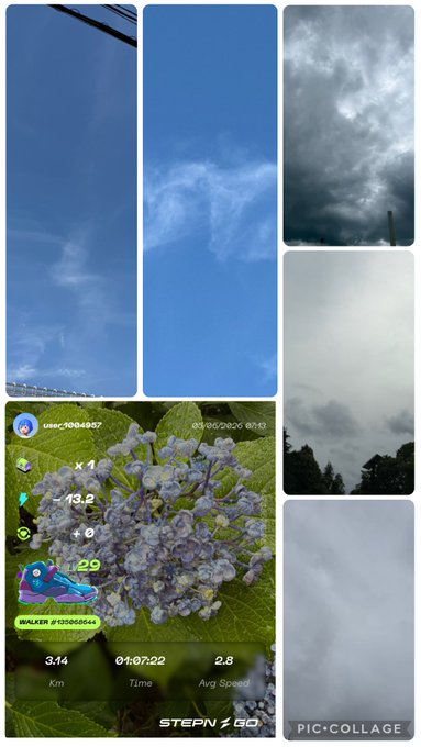 The image features a collage of six photos, each depicting different scenes related to the topic of "Stepn". The first photo shows a blue sky with clouds, while the second photo displays a purple flower against a white background. The third photo captures a street scene with buildings and trees, and the fourth photo showcases a cloudy day over a cityscape. The fifth photo features a green plant in front of a building, and the sixth photo depicts a clear blue sky above a forested area. These images are arranged in a grid format on the image, creating an organized and visually appealing presentation that highlights the various aspects of "Stepn" as a theme or concept.
