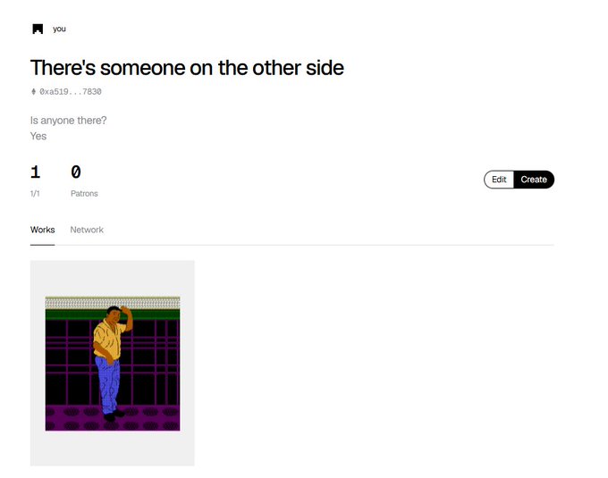 A Patreon-style page titled 'There's someone on the other side' by 'you' (@xa519...7830) shows a pixel art illustration of a figure leaning against a green-paneled wall.