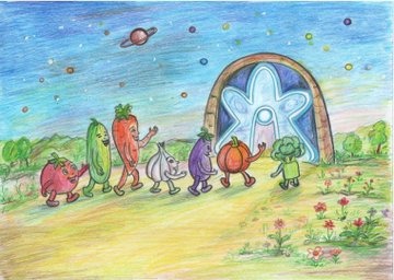 A child-like drawing of anthropomorphic vegetables (tomato, cucumber, carrots, garlic, eggplant, pumpkin, broccoli) walking toward a glowing portal in a colorful landscape.