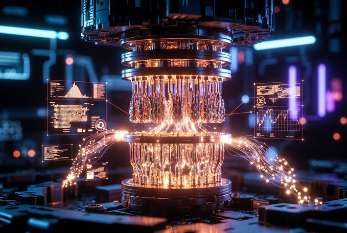 A futuristic 3D rendering of a glowing cylindrical quantum computer processor with illuminated data displays floating on either side.