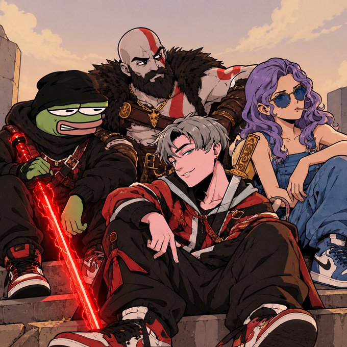 An anime-style illustration of four characters sitting together, including Kratos, Pepe the Frog holding a red lightsaber, a purple-haired character with sunglasses, and a silver-haired character in the center.
