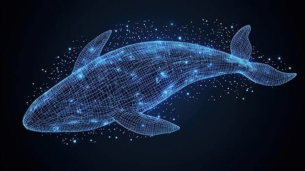 The image features a blue whale, which appears to be floating or swimming in space. The whale is depicted as a 3D model with lines connecting its body parts, giving it a sense of movement and realism. The background of the image is black, providing contrast for the whale's colors. The caption above the image reads "RWA's真正瓶颈不是资产，是能承载它们的资金市场". This phrase is likely a reference to the term "RWA" standing for Ripple Asset Management, which is a fund that focuses on socially responsible investing. The image and caption are related in terms of their content and context, as they both discuss the concept of RWA or Ripple Asset Management.