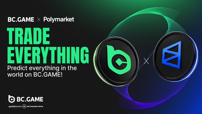 This image promotes a partnership between BC.GAME and Polymarket, announcing they can "TRADE EVERYTHING" and "Predict everything in the world on BC.GAME!". The image highlights the logos of BC.GAME and Polymarket, suggesting their collaboration will enhance trading and prediction capabilities on the BC.GAME platform.