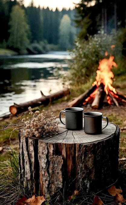 Two dark mugs sit on a wooden tree stump beside a campfire, with a peaceful river and forested landscape in the background, evoking a cozy outdoor camping scene.