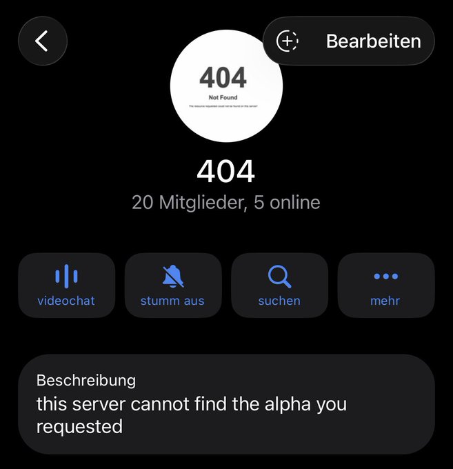 A Telegram group profile screen in German for a group named '404' with 20 members (5 online), featuring a description reading 'this server cannot find the alpha you requested.'