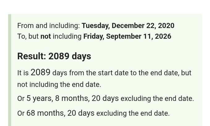 The image shows a date calculation result of 2,089 days (or 5 years, 8 months, 20 days) between Tuesday, December 22, 2020 and Friday, September 11, 2026, highlighting the duration of the Ripple lawsuit referenced in the post.