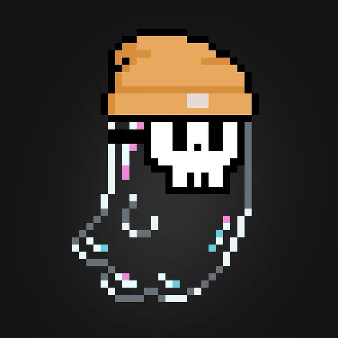 Pixel art illustration of a skull wearing an orange construction hard hat, hanging by a chain, with cyberpunk-style digital glitch effects.