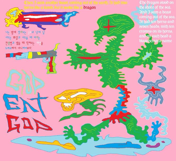 An artistic illustration shows a green dragon-like creature on a pink background with descriptions of the beast from the sea in multiple languages, including Korean text and "ENT GOA."
