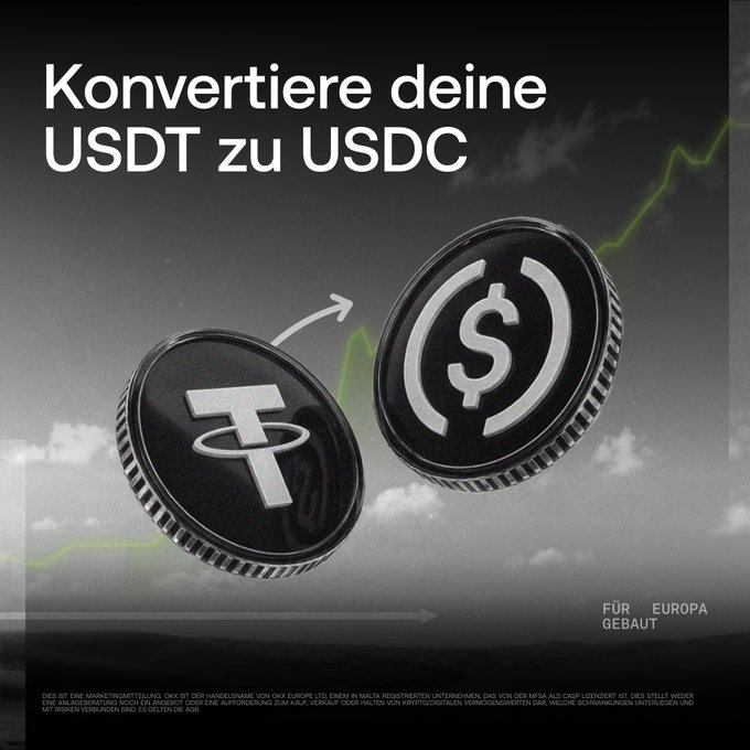 A German advertisement reading 'Konvertiere deine USDT zu USDC' showing coins converting between Tether and USD Circle symbols, marked 'FÜR EUROPA GEBAUT'.